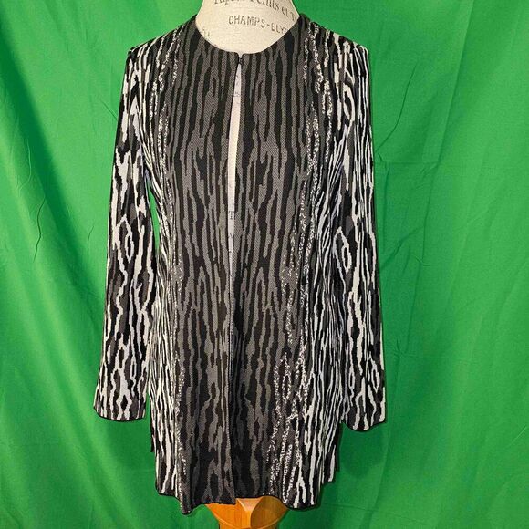 Ming Wang Sweaters - Ming Wang Womens Black Gray Animal Print Long Open Front Cardigan Sweater Small